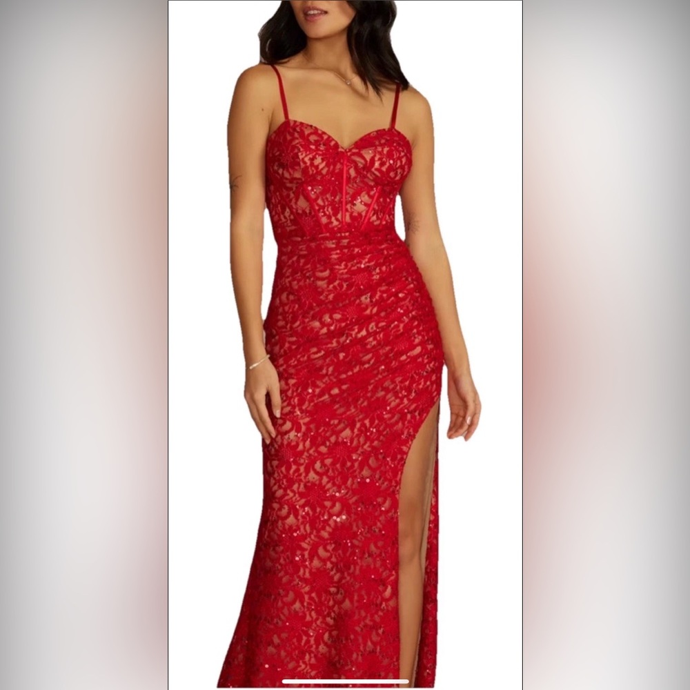 Lina Red Lace High-Low Prom Graduation. Evening Gown with Slit
